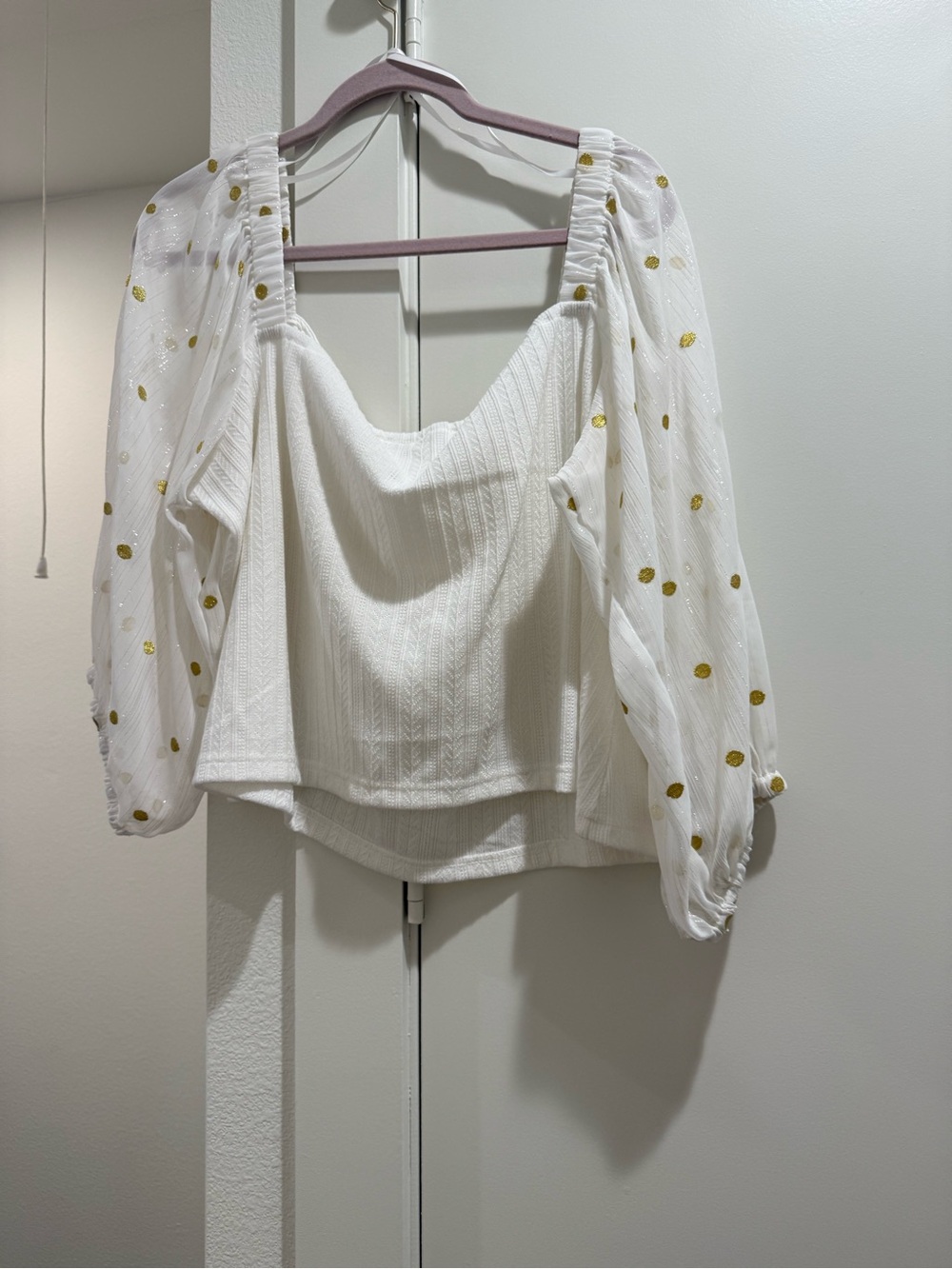 Hutch White Crop Top with Sheer Gold Dot Puff Sleeves - Picture 6 of 6